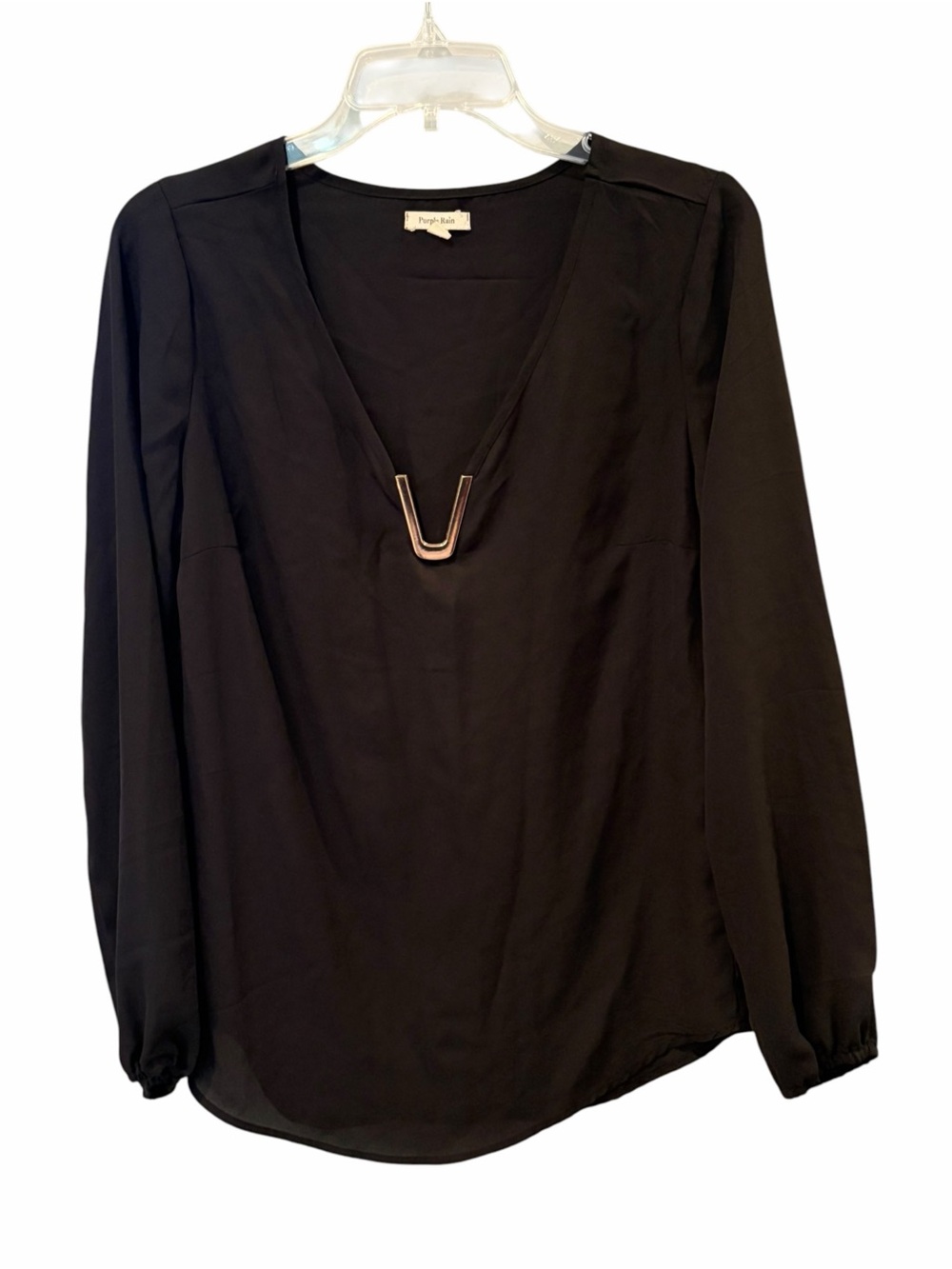 Purple Rain Black V-Neck Long Sleeve Blouse with Gold Accent